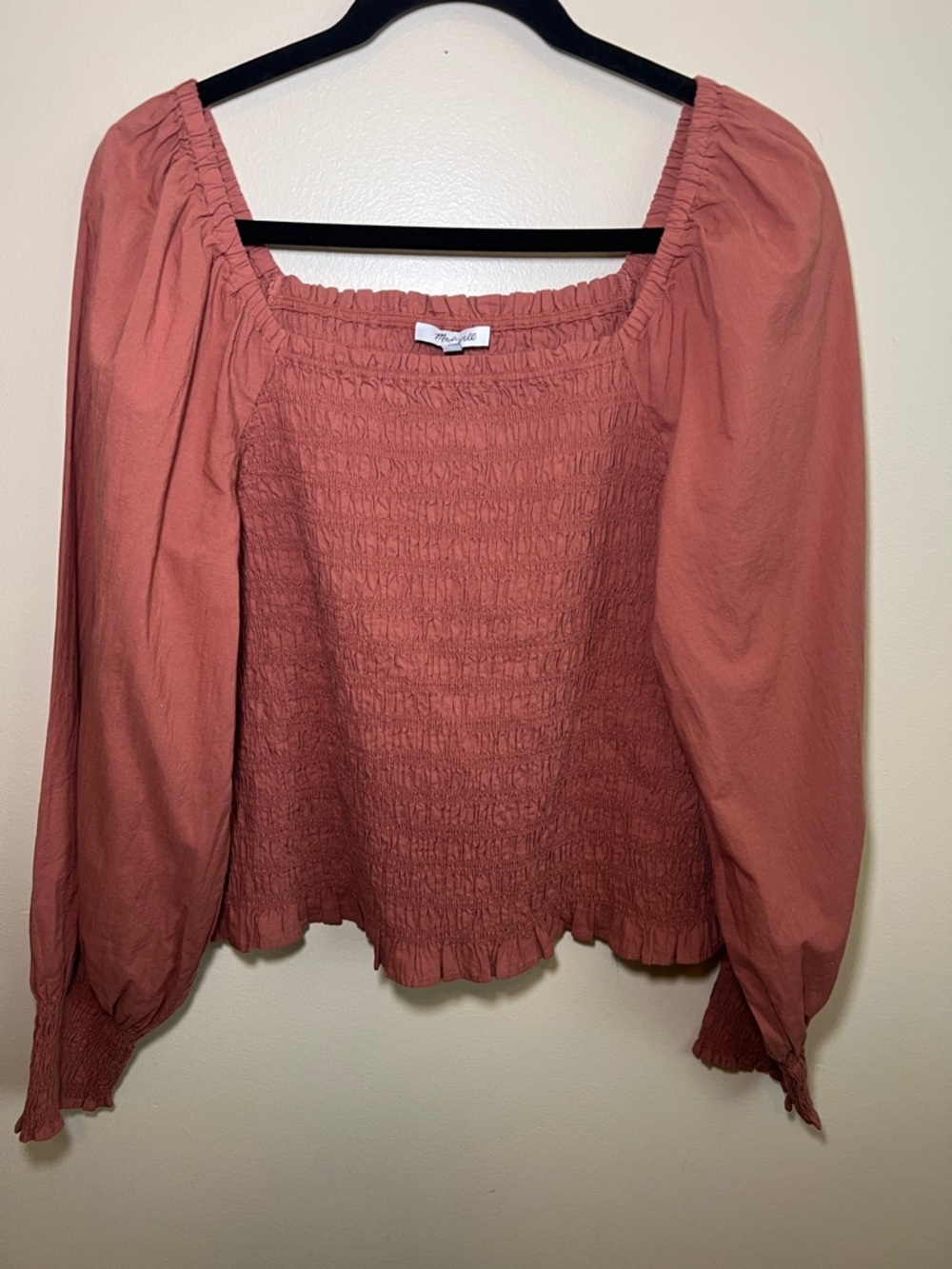 Madewell Lucie Bubble-Sleeve Woman’s Square Neck Rust Color Smocked Top Large